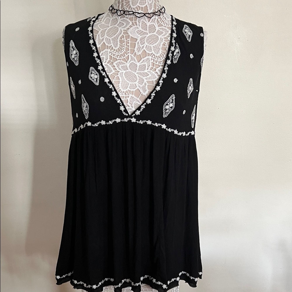 Free People Black and White Embroidered Women's Tunic Top